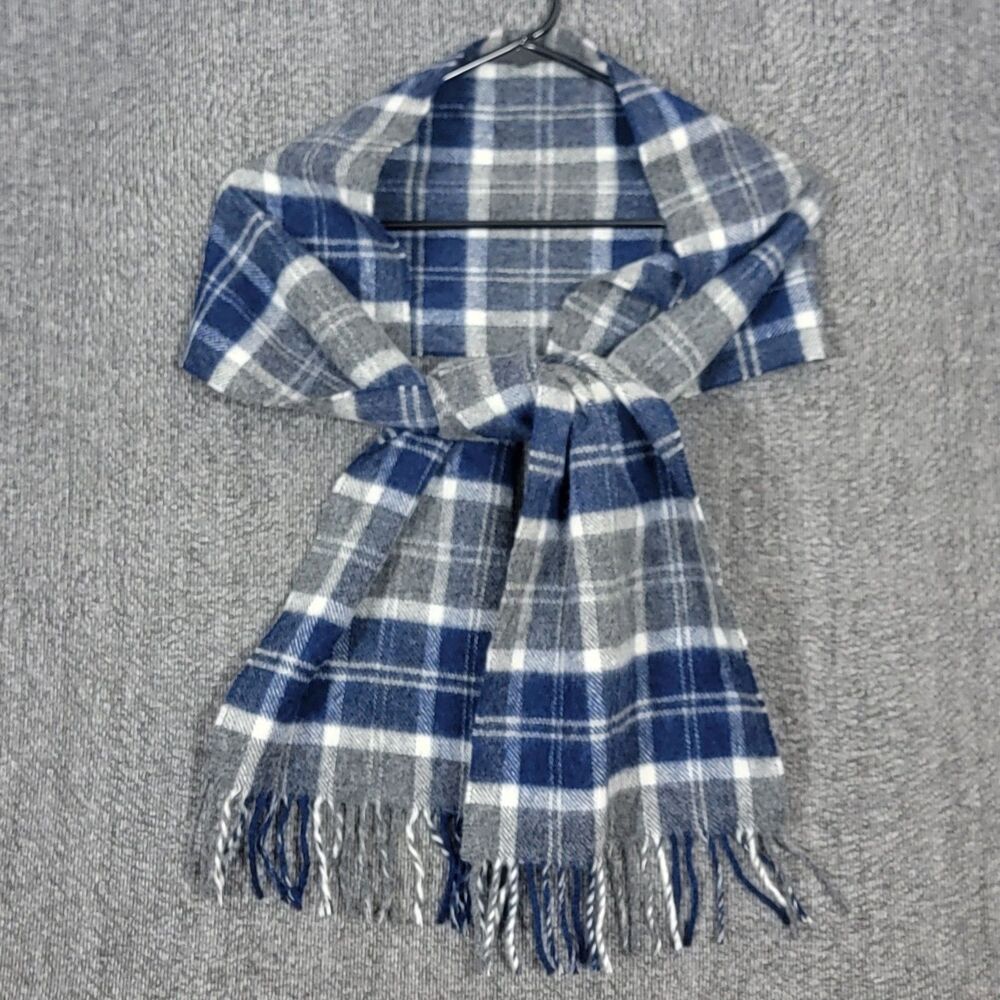 Bronte By Moon Scarf Womens Blue & Gray Plaid Fringed 100% Lambswool